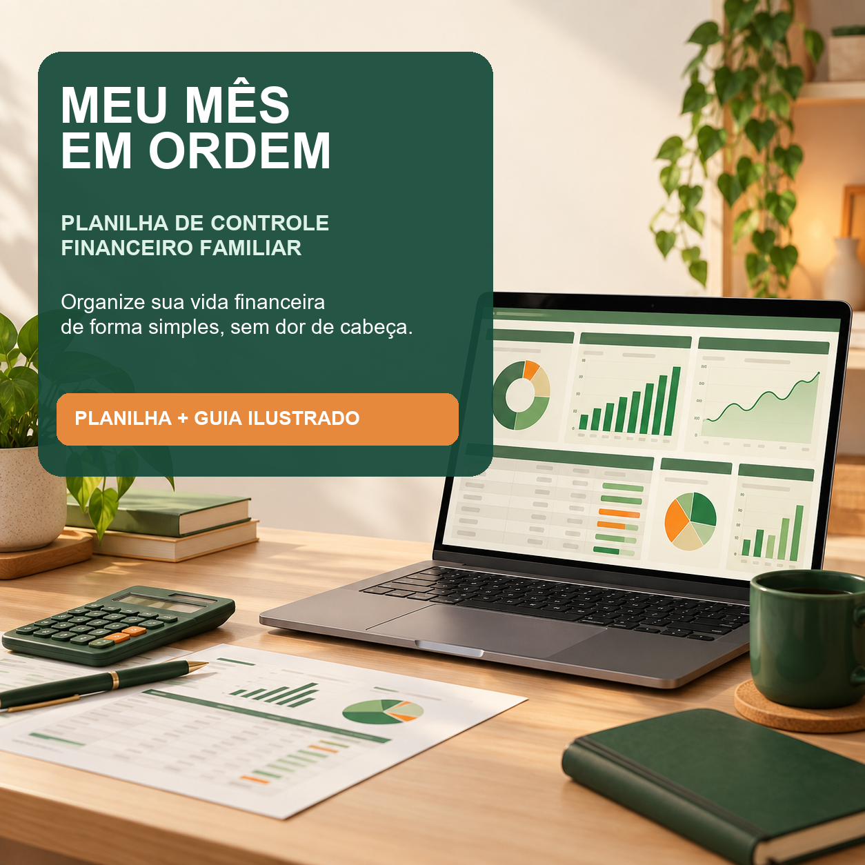 Capa do produto Meu Mês em Ordem, com computador exibindo um painel financeiro